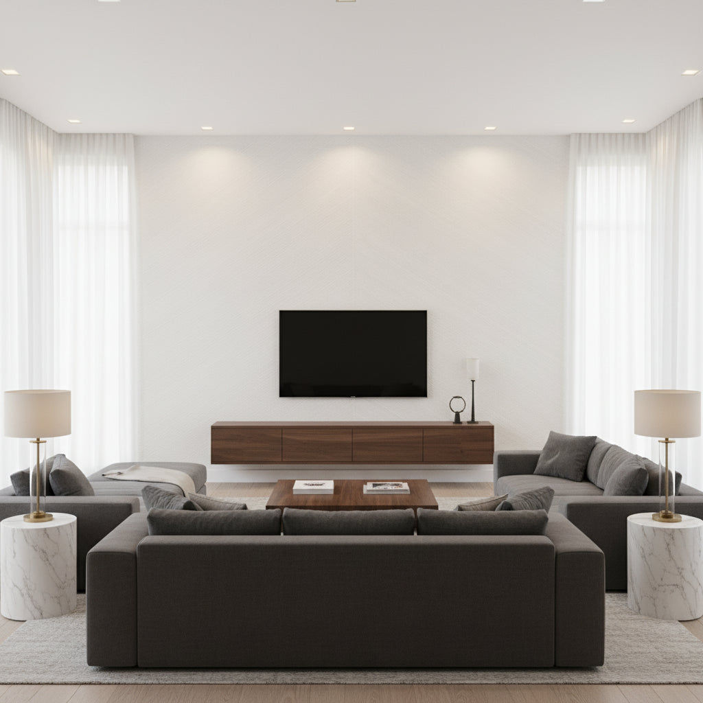 Combed Chevron Ivory | Schumacher Wallcovering - Living Room Visualization (AI-generated, may not be to scale. Verify pattern scale with product specifications.)