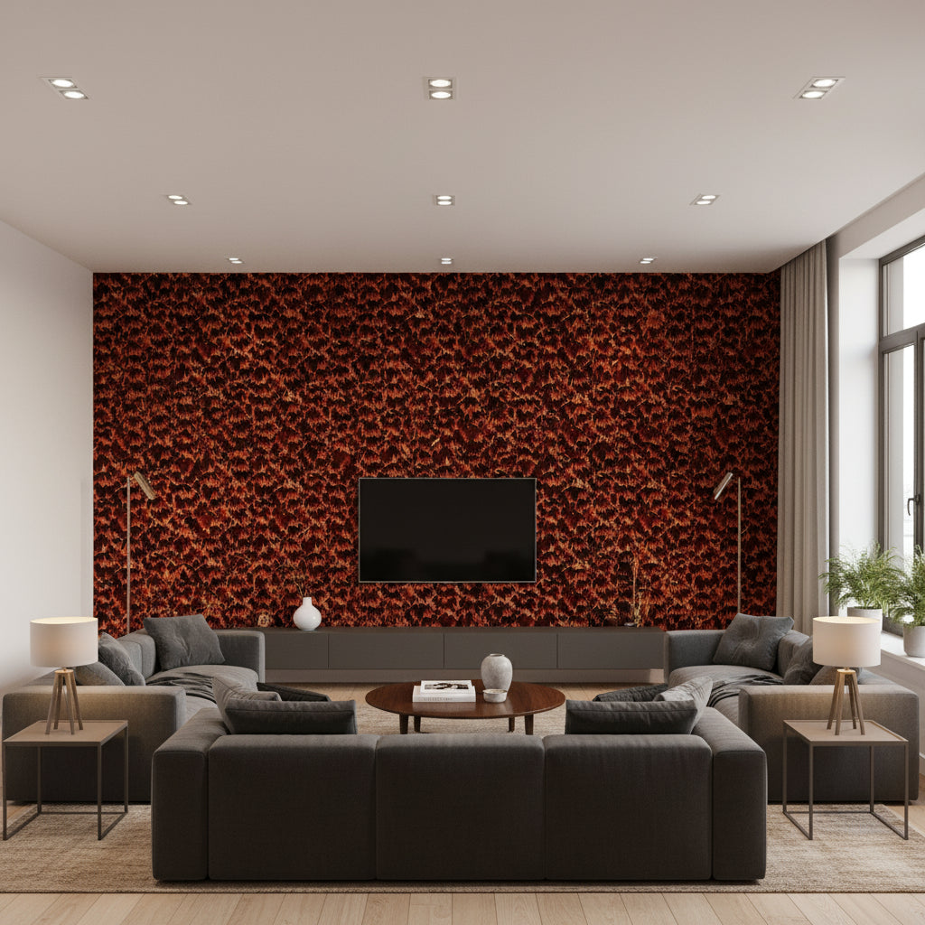 Tortoise Natural | Schumacher Wallcovering - Living Room Visualization (AI-generated, may not be to scale. Verify pattern scale with product specifications.)