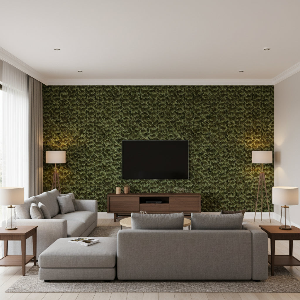 Tortoise Amazon | Schumacher Wallcovering - Living Room Visualization (AI-generated, may not be to scale. Verify pattern scale with product specifications.)