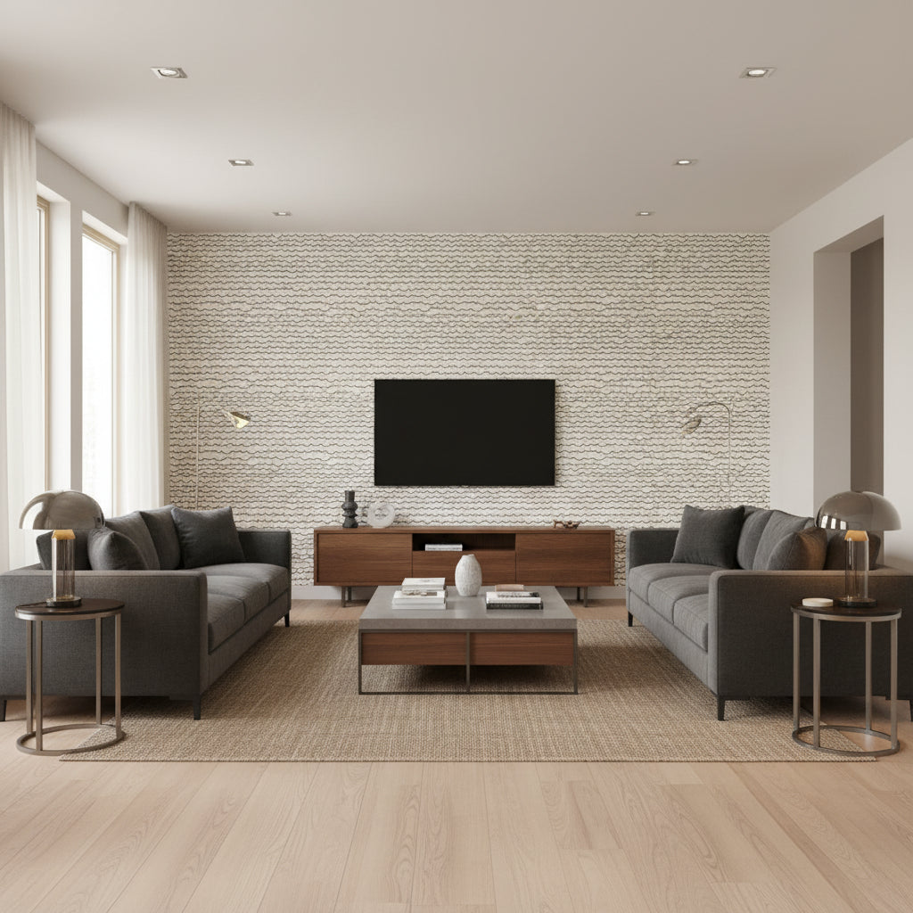 Waves Black & White | Schumacher Wallcovering - Living Room Visualization (AI-generated, may not be to scale. Verify pattern scale with product specifications.)