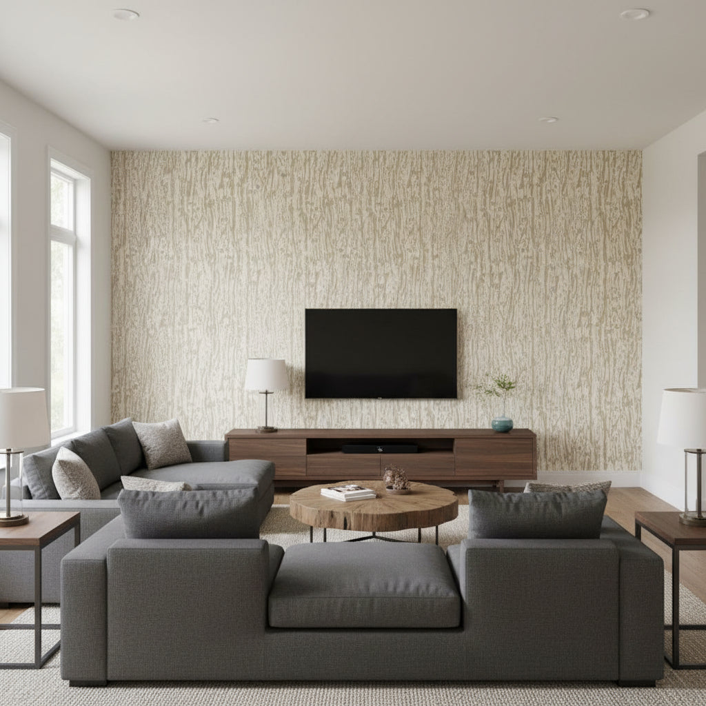 Tree Texture Natural | Schumacher Wallcovering - Living Room Visualization (AI-generated, may not be to scale. Verify pattern scale with product specifications.)
