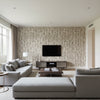 Tree Texture Mocha | Schumacher Wallcovering - Living Room Visualization (AI-generated, may not be to scale. Verify pattern scale with product specifications.)