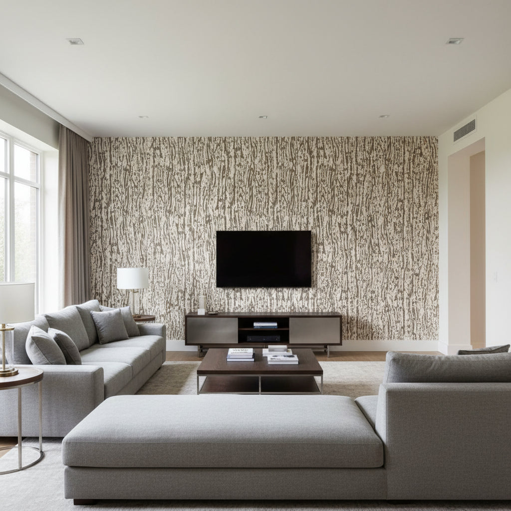 Tree Texture Mocha | Schumacher Wallcovering - Living Room Visualization (AI-generated, may not be to scale. Verify pattern scale with product specifications.)