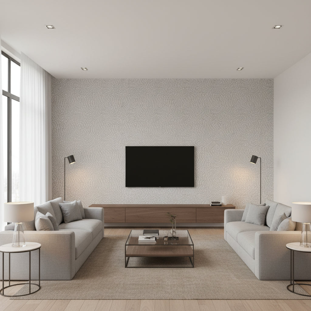 Whirlpool Mist | Schumacher Wallcovering - Living Room Visualization (AI-generated, may not be to scale. Verify pattern scale with product specifications.)