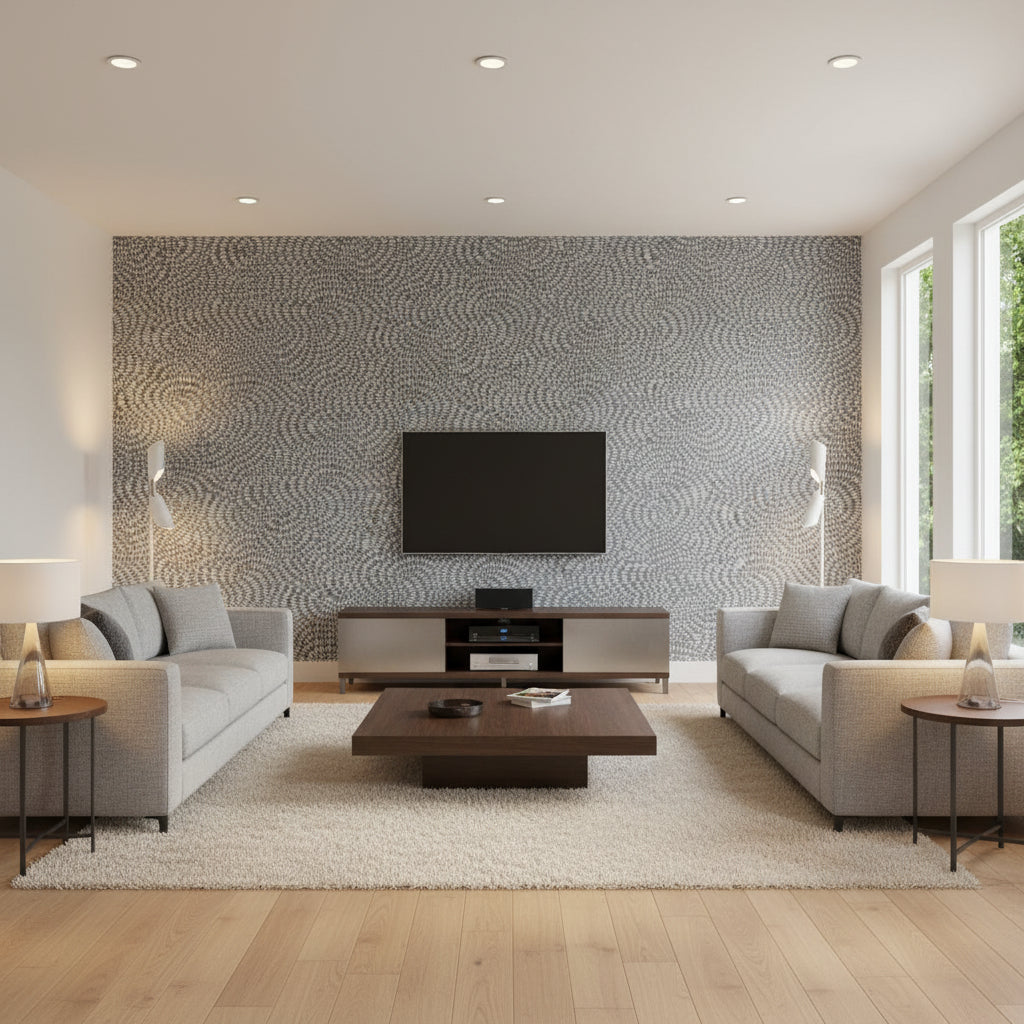 Whirlpool Mercury | Schumacher Wallcovering - Living Room Visualization (AI-generated, may not be to scale. Verify pattern scale with product specifications.)