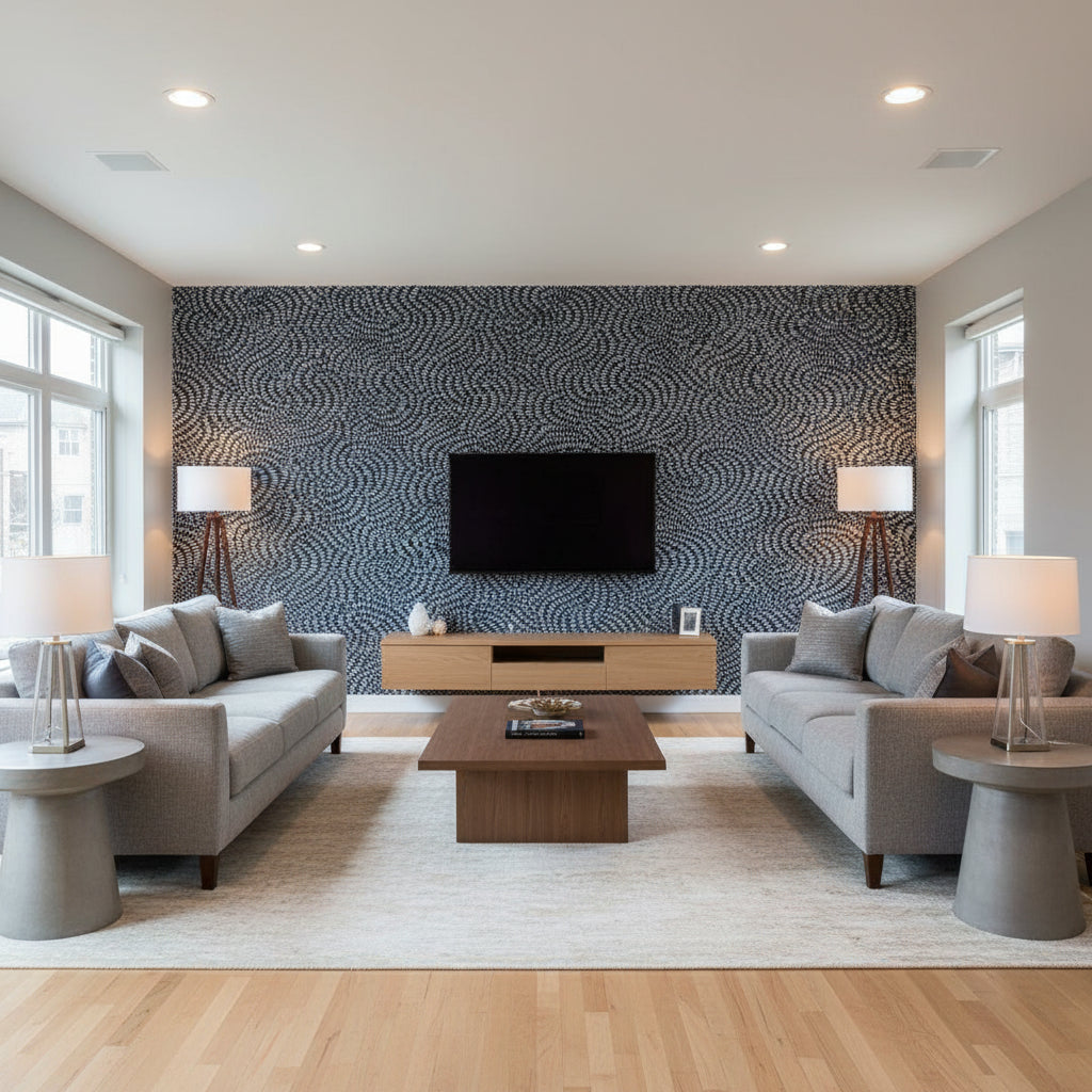 Whirlpool Twilight | Schumacher Wallcovering - Living Room Visualization (AI-generated, may not be to scale. Verify pattern scale with product specifications.)