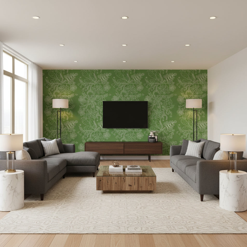 Blommen Leaf | Schumacher Wallcovering - Living Room Visualization (AI-generated, may not be to scale. Verify pattern scale with product specifications.)