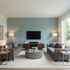 Raindots Slate Blue | Schumacher Wallcovering - Living Room Visualization (AI-generated, may not be to scale. Verify pattern scale with product specifications.)