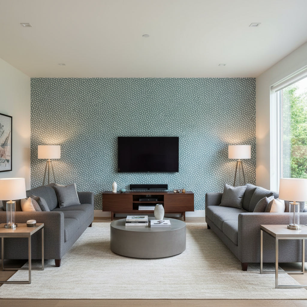 Raindots Slate Blue | Schumacher Wallcovering - Living Room Visualization (AI-generated, may not be to scale. Verify pattern scale with product specifications.)