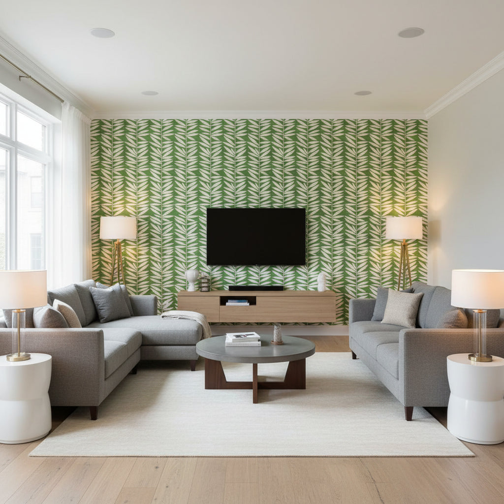 Leaf Stripe Leaf | Schumacher Wallcovering - Living Room Visualization (AI-generated, may not be to scale. Verify pattern scale with product specifications.)