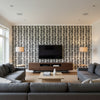 Leaf Stripe Ebony | Schumacher Wallcovering - Living Room Visualization (AI-generated, may not be to scale. Verify pattern scale with product specifications.)
