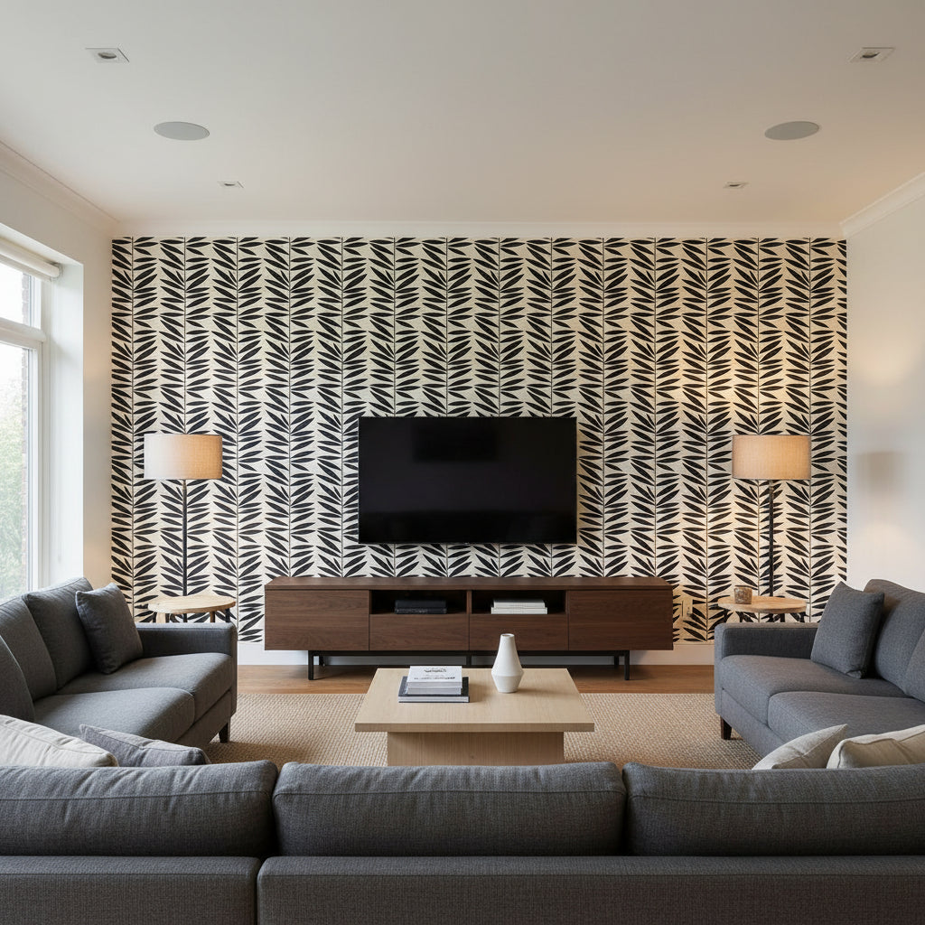 Leaf Stripe Ebony | Schumacher Wallcovering - Living Room Visualization (AI-generated, may not be to scale. Verify pattern scale with product specifications.)