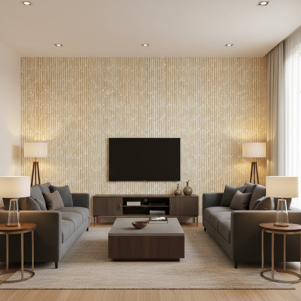 Bamboo Gold | Schumacher Wallcovering - Living Room Visualization (AI-generated, may not be to scale. Verify pattern scale with product specifications.)