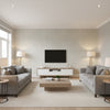 Featherfest Smoke | Schumacher Wallcovering - Living Room Visualization (AI-generated, may not be to scale. Verify pattern scale with product specifications.)