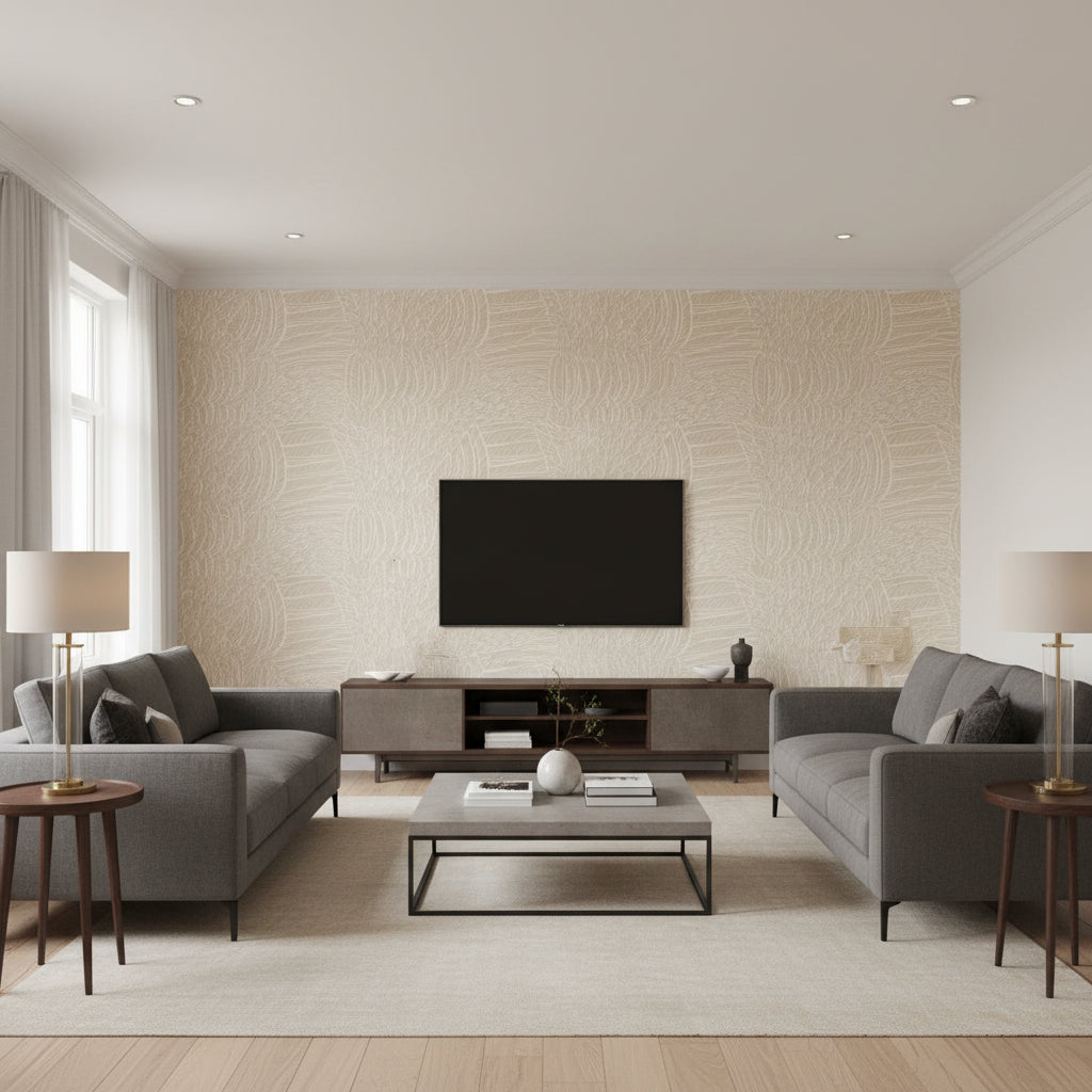 Featherfest Natural | Schumacher Wallcovering - Living Room Visualization (AI-generated, may not be to scale. Verify pattern scale with product specifications.)