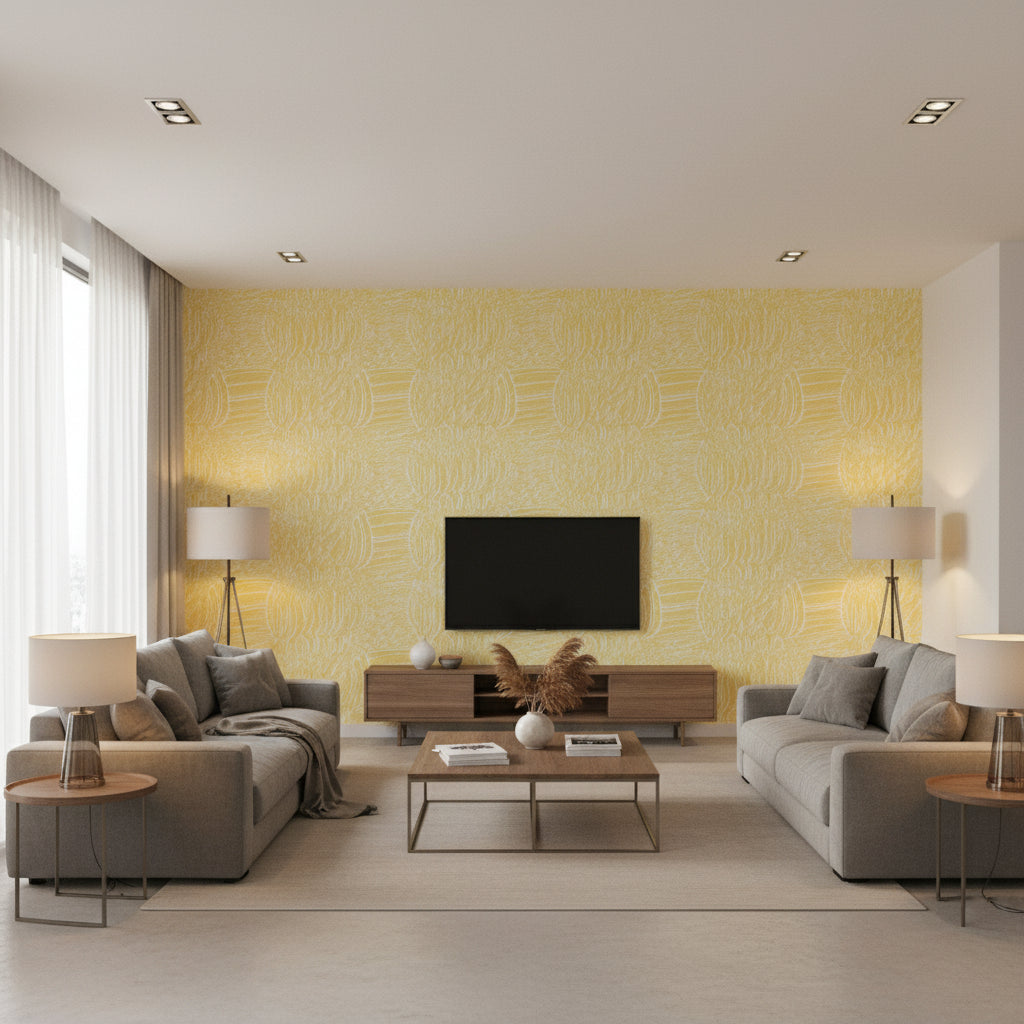 Featherfest Citron | Schumacher Wallcovering - Living Room Visualization (AI-generated, may not be to scale. Verify pattern scale with product specifications.)