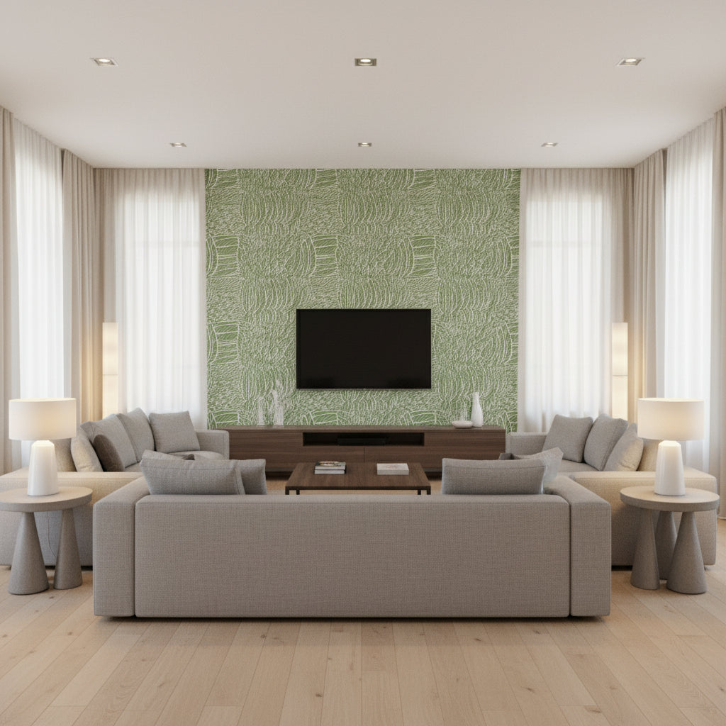 Featherfest Leaf | Schumacher Wallcovering - Living Room Visualization (AI-generated, may not be to scale. Verify pattern scale with product specifications.)