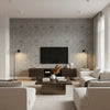 Featherfest Slate | Schumacher Wallcovering - Living Room Visualization (AI-generated, may not be to scale. Verify pattern scale with product specifications.)