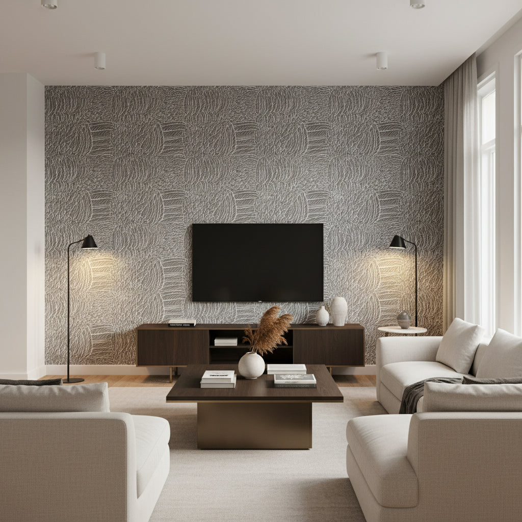 Featherfest Slate | Schumacher Wallcovering - Living Room Visualization (AI-generated, may not be to scale. Verify pattern scale with product specifications.)