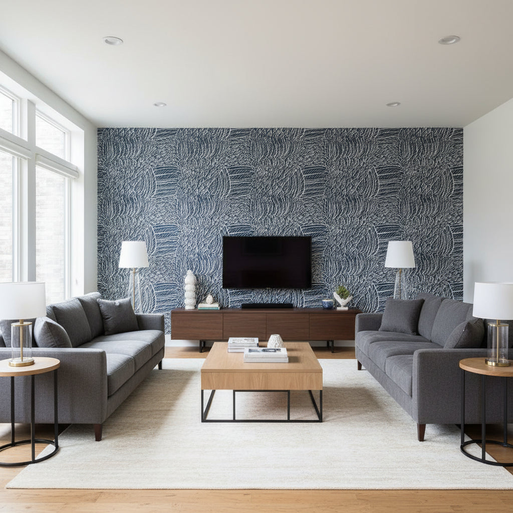 Featherfest Marine | Schumacher Wallcovering - Living Room Visualization (AI-generated, may not be to scale. Verify pattern scale with product specifications.)