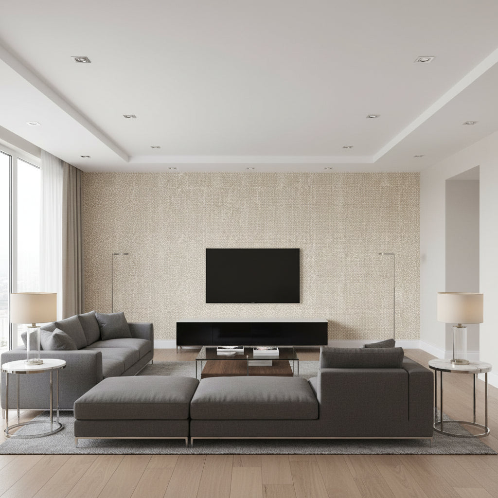 Drizzle Natural | Schumacher Wallcovering - Living Room Visualization (AI-generated, may not be to scale. Verify pattern scale with product specifications.)