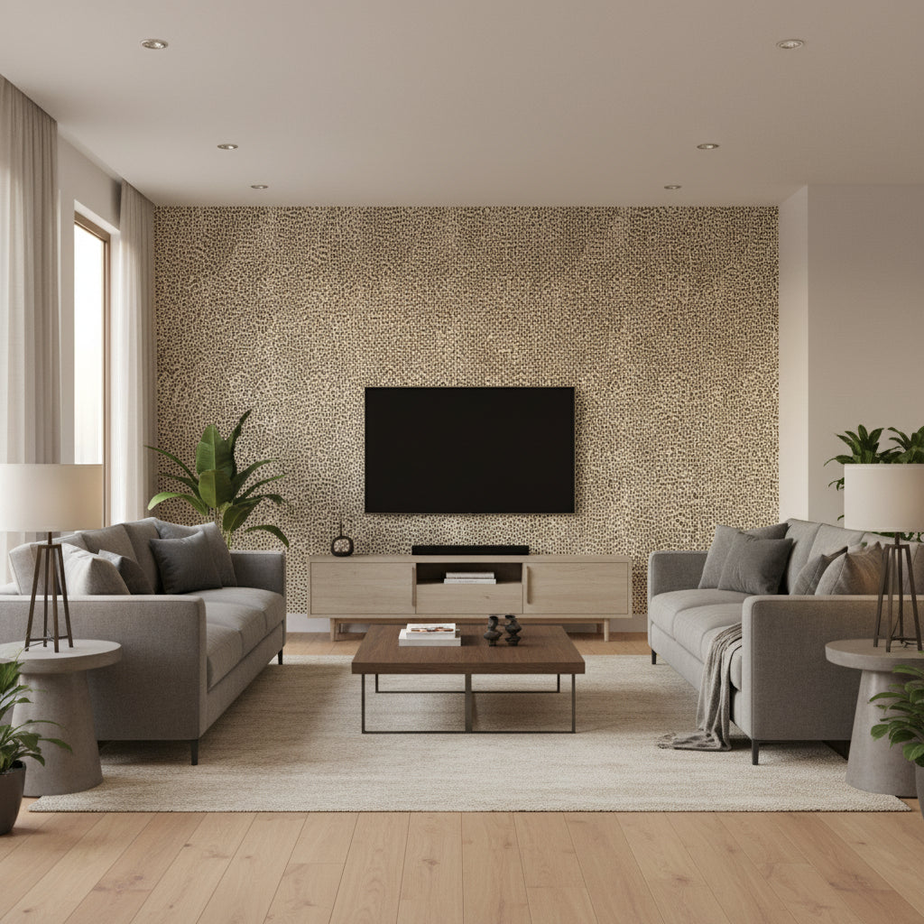 Drizzle Java | Schumacher Wallcovering - Living Room Visualization (AI-generated, may not be to scale. Verify pattern scale with product specifications.)