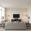 Variations Oyster | Schumacher Wallcovering - Living Room Visualization (AI-generated, may not be to scale. Verify pattern scale with product specifications.)