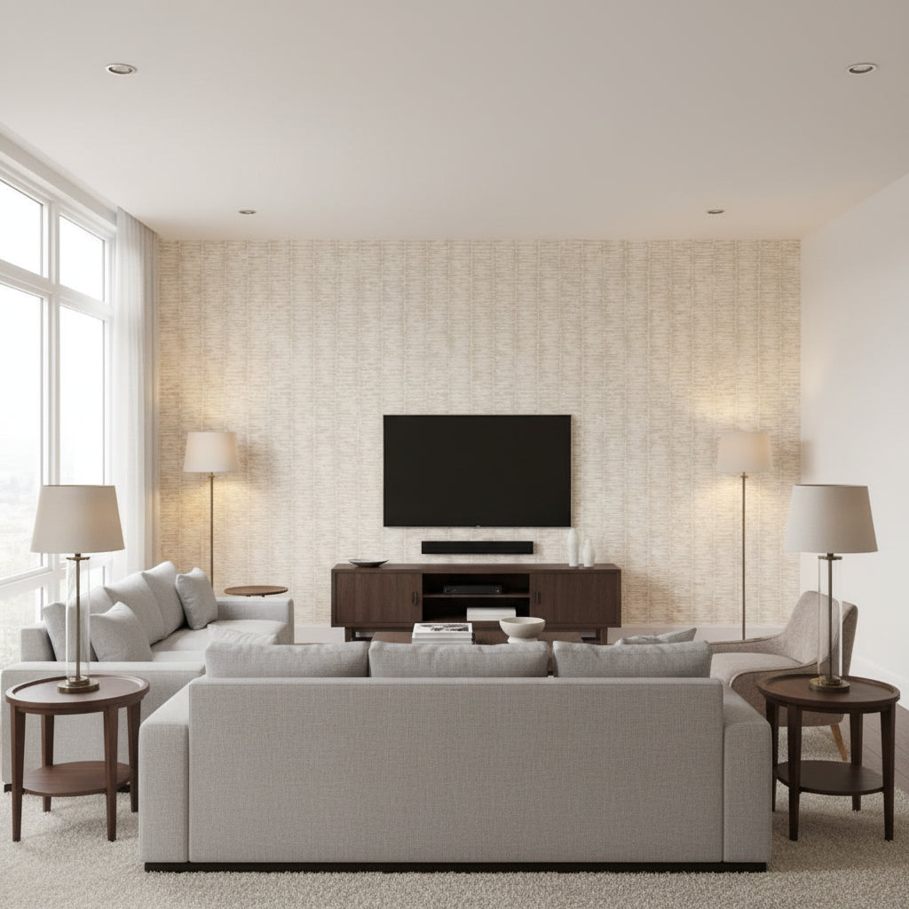 Variations Oyster | Schumacher Wallcovering - Living Room Visualization (AI-generated, may not be to scale. Verify pattern scale with product specifications.)