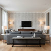 Variations Gris | Schumacher Wallcovering - Living Room Visualization (AI-generated, may not be to scale. Verify pattern scale with product specifications.)