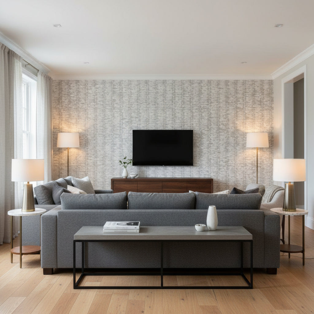 Variations Gris | Schumacher Wallcovering - Living Room Visualization (AI-generated, may not be to scale. Verify pattern scale with product specifications.)