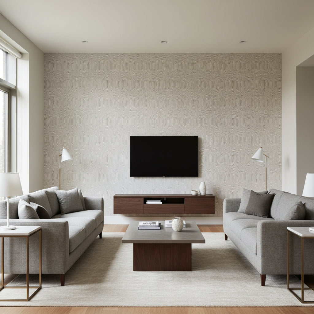 Bark Fog | Schumacher Wallcovering - Living Room Visualization (AI-generated, may not be to scale. Verify pattern scale with product specifications.)