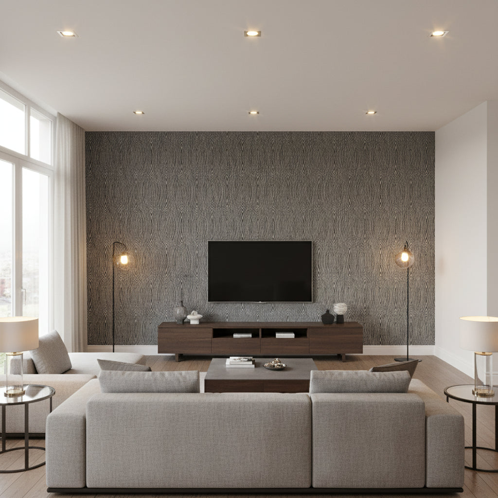 Bark Slate | Schumacher Wallcovering - Living Room Visualization (AI-generated, may not be to scale. Verify pattern scale with product specifications.)