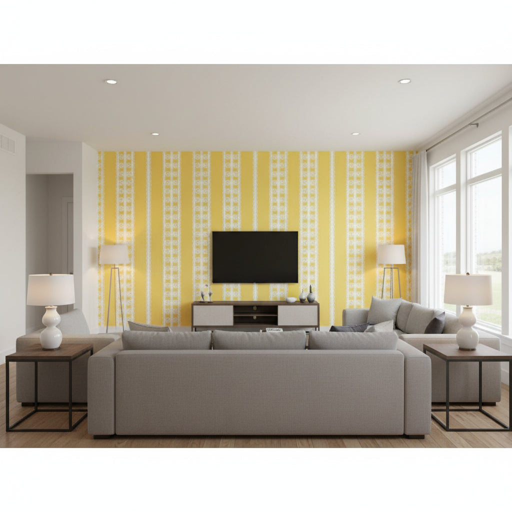 Wicker Stripe Lemon Blossom | Schumacher Wallcovering - Living Room Visualization (AI-generated, may not be to scale. Verify pattern scale with product specifications.)