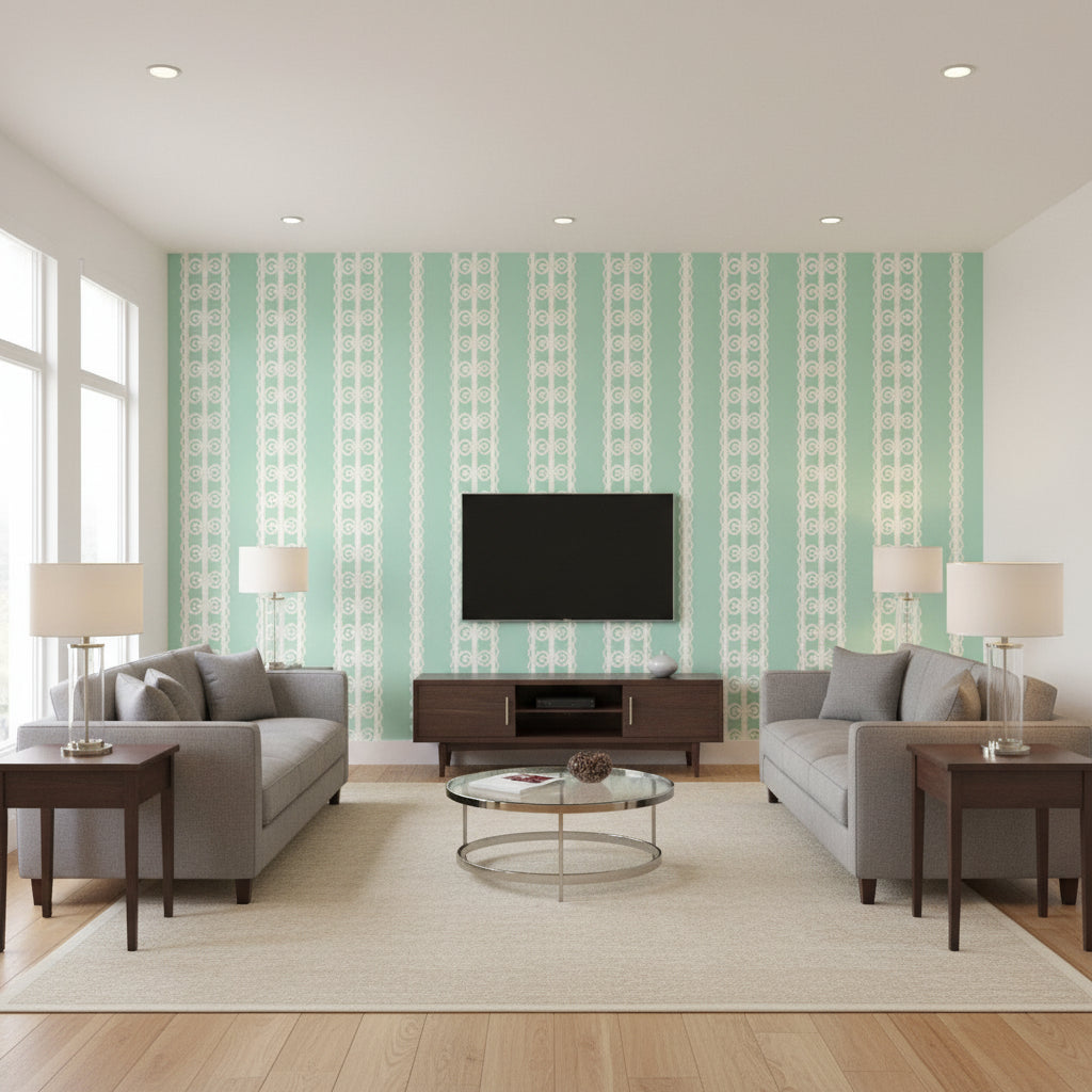 Wicker Stripe Lovely Day | Schumacher Wallcovering - Living Room Visualization (AI-generated, may not be to scale. Verify pattern scale with product specifications.)