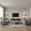 Glass Paneling Silver | Schumacher Wallcovering - Living Room Visualization (AI-generated, may not be to scale. Verify pattern scale with product specifications.)