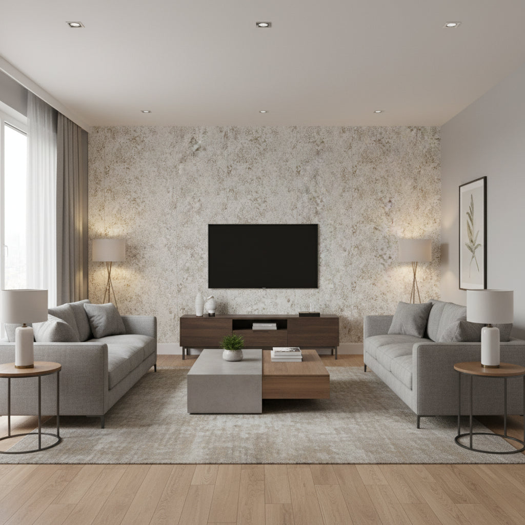Glass Paneling Silver | Schumacher Wallcovering - Living Room Visualization (AI-generated, may not be to scale. Verify pattern scale with product specifications.)