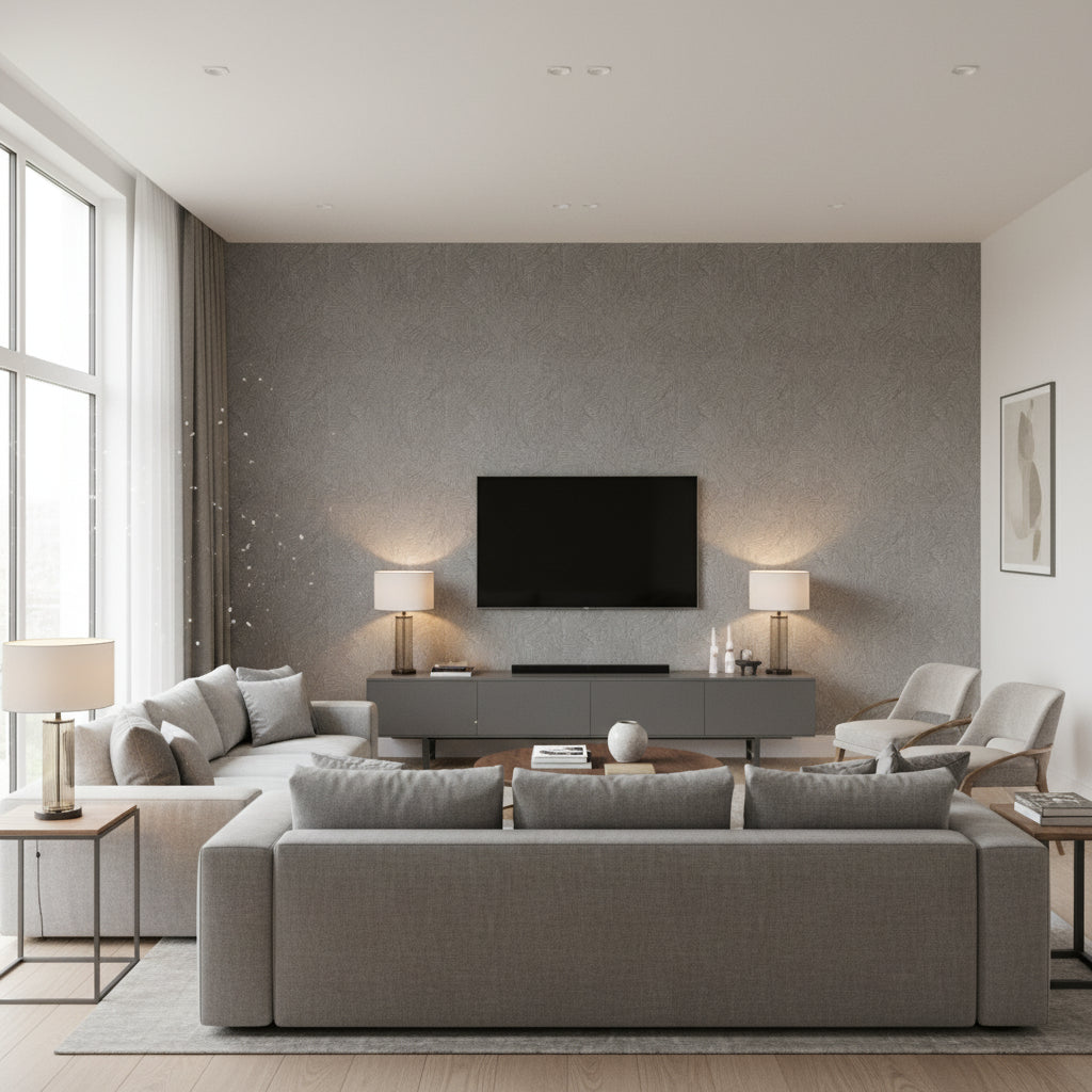 Labyrinth Metallic Mercury | Schumacher Wallcovering - Living Room Visualization (AI-generated, may not be to scale. Verify pattern scale with product specifications.)