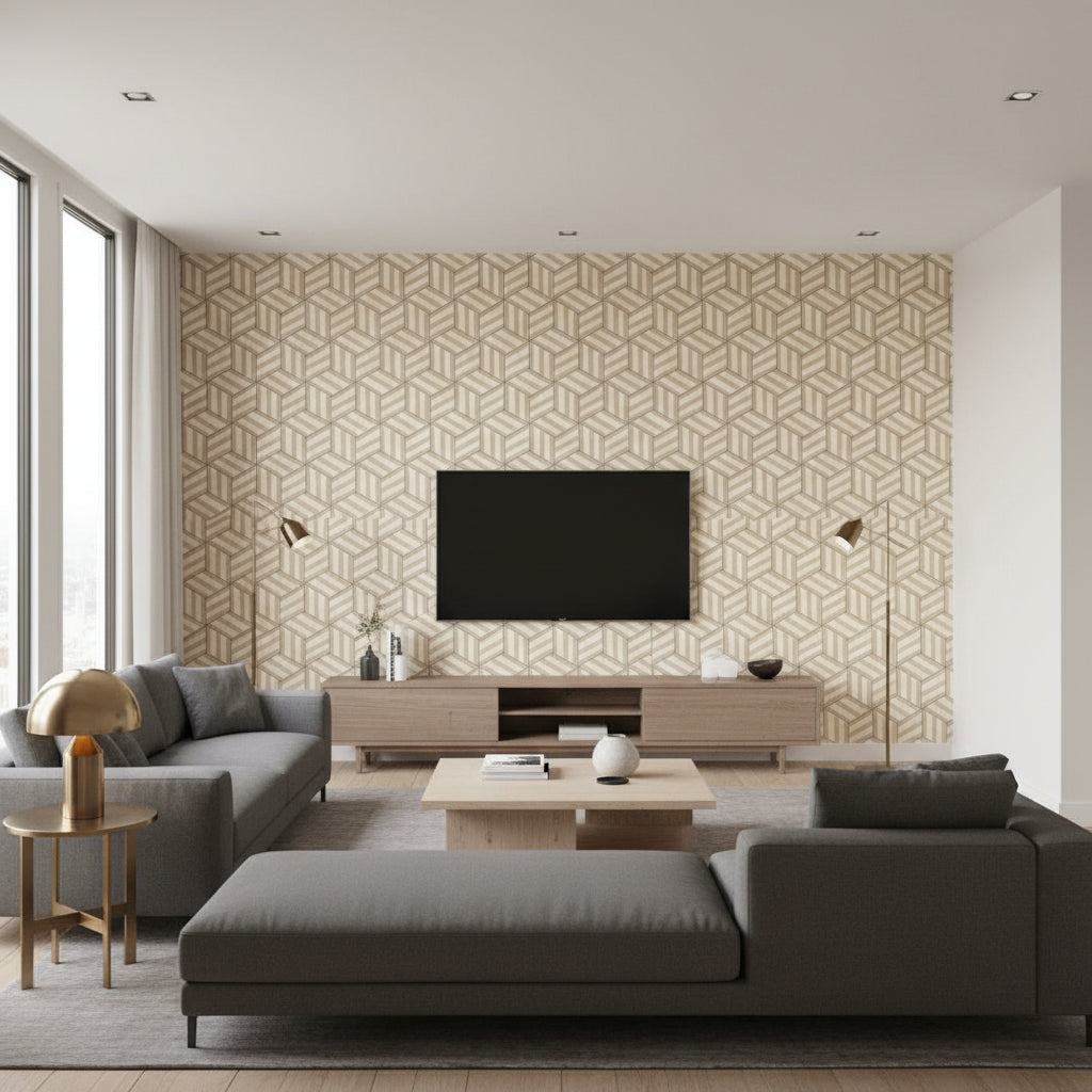 Tumbling Blocks Greige | Schumacher Wallcovering - Living Room Visualization (AI-generated, may not be to scale. Verify pattern scale with product specifications.)