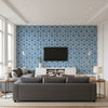 Tumbling Blocks Cobalt | Schumacher Wallcovering - Living Room Visualization (AI-generated, may not be to scale. Verify pattern scale with product specifications.)