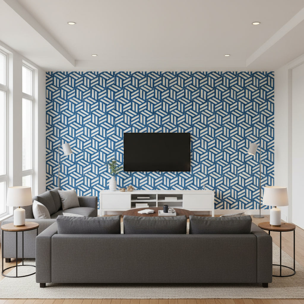 Tumbling Blocks Cobalt | Schumacher Wallcovering - Living Room Visualization (AI-generated, may not be to scale. Verify pattern scale with product specifications.)