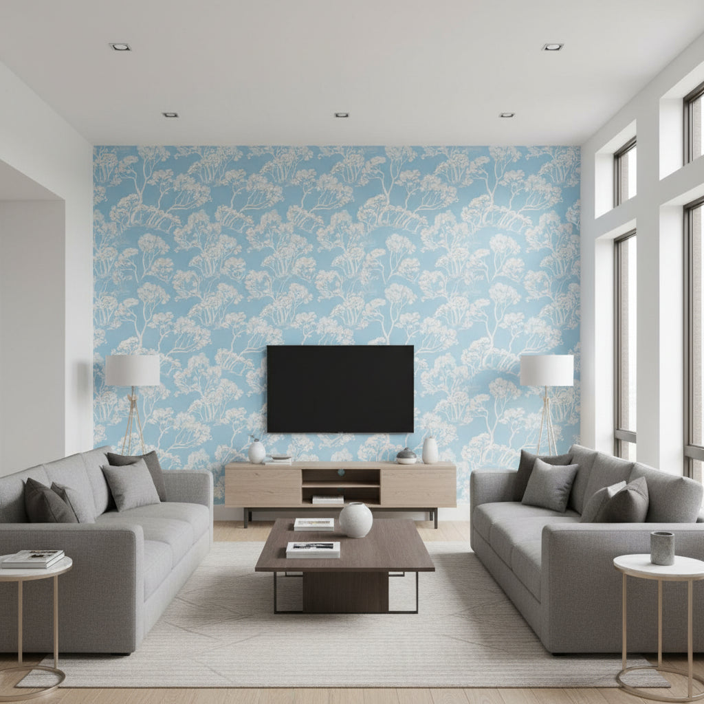 Timber ! Cloud | Schumacher Wallcovering - Living Room Visualization (AI-generated, may not be to scale. Verify pattern scale with product specifications.)