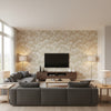 Timber ! Natural | Schumacher Wallcovering - Living Room Visualization (AI-generated, may not be to scale. Verify pattern scale with product specifications.)