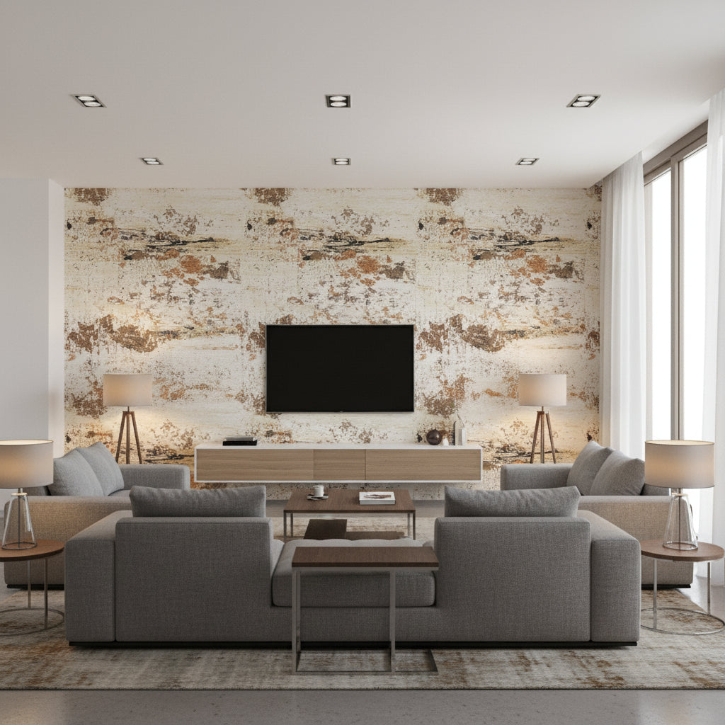 Scorza Bois D'automne | Elitis - Living Room Visualization (AI-generated, may not be to scale. Verify pattern scale with product specifications.)
