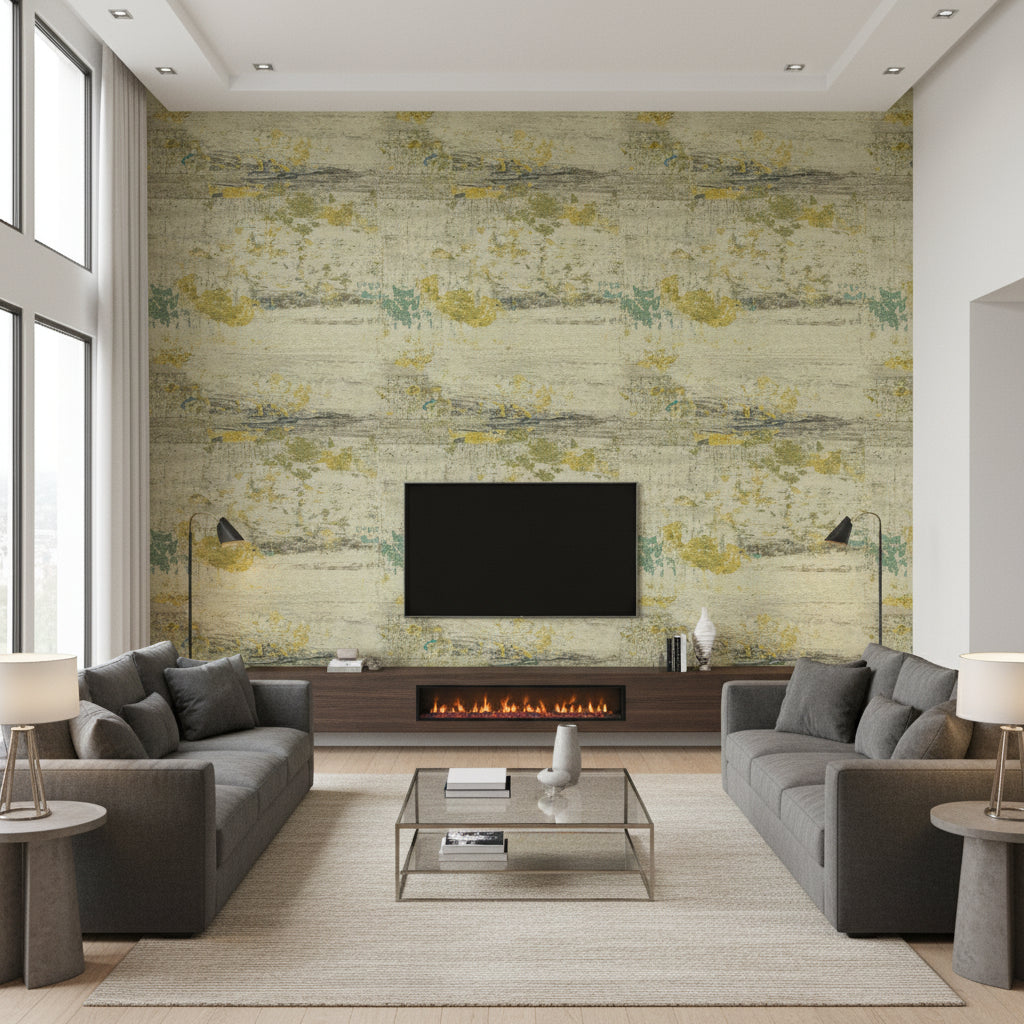 Scorza Tenue De Camouflage | Elitis - Living Room Visualization (AI-generated, may not be to scale. Verify pattern scale with product specifications.)