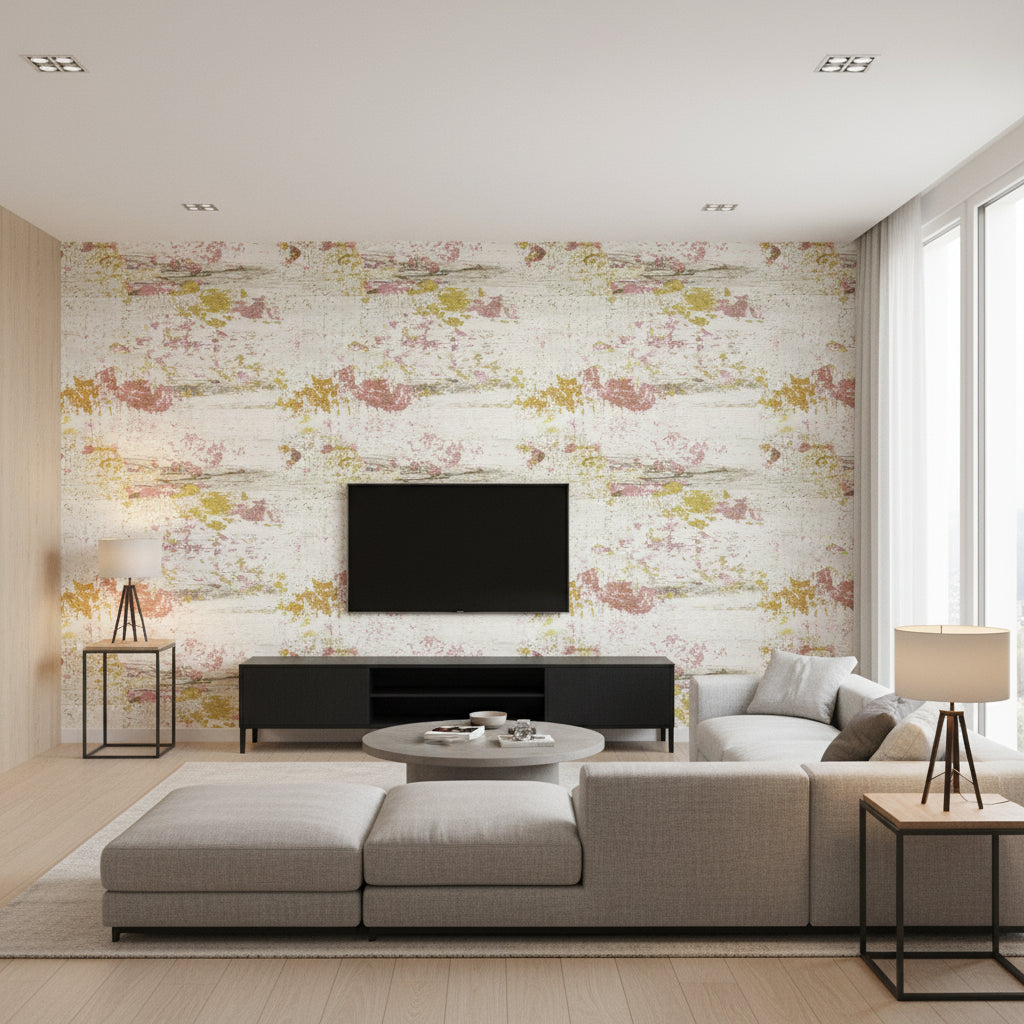 Scorza Vestiges De Printemps | Elitis - Living Room Visualization (AI-generated, may not be to scale. Verify pattern scale with product specifications.)