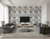 Serigraph Dynasty - Sculpted Slate | Maya Romanoff - Living Room Visualization (AI-generated, may not be to scale. Verify pattern scale with product specifications.)