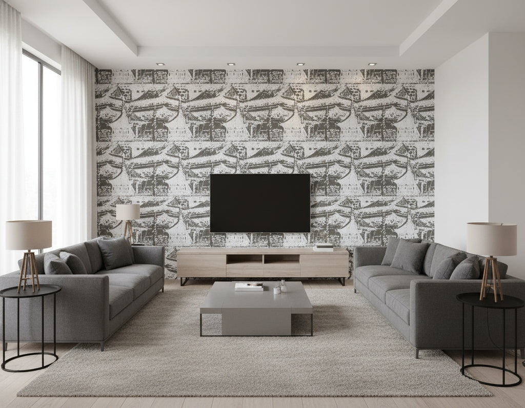 Serigraph Dynasty - Sculpted Slate | Maya Romanoff - Living Room Visualization (AI-generated, may not be to scale. Verify pattern scale with product specifications.)