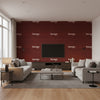 Stitched Horizontal by David Rockwell - Lacquered Rust | Maya Romanoff - Living Room Visualization (AI-generated, may not be to scale. Verify pattern scale with product specifications.)