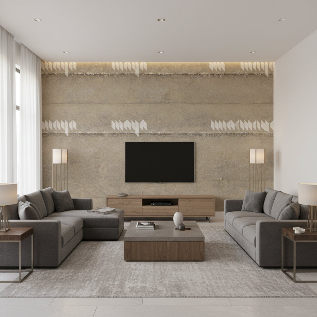 Stitched Horizontal by David Rockwell - Silver | Maya Romanoff - Living Room Visualization (AI-generated, may not be to scale. Verify pattern scale with product specifications.)
