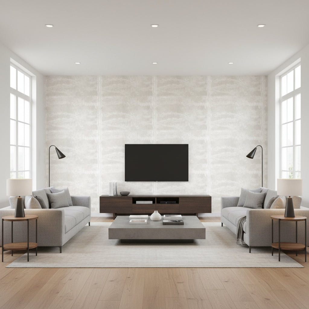Stitched Horizontal by David Rockwell - Metallic White | Maya Romanoff - Living Room Visualization (AI-generated, may not be to scale. Verify pattern scale with product specifications.)